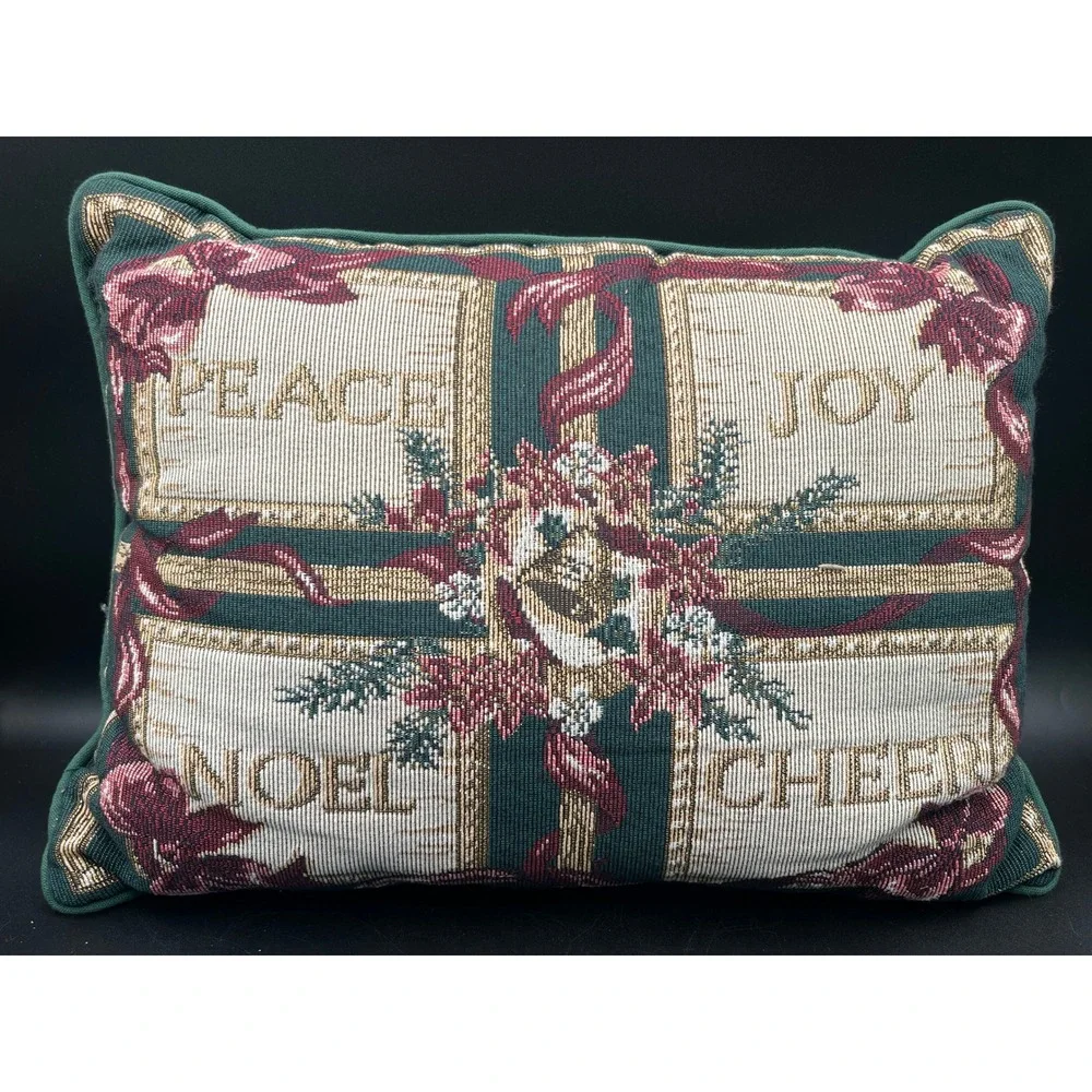 Vtg Tapestry Christmas Throw Pillows‎ Set of 2 Peace Joy Noel Cheer Green 15x11